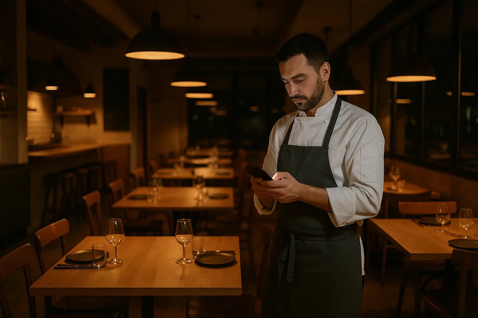 Chef de restaurante revisando su pedido de producto fresco desde el teléfono